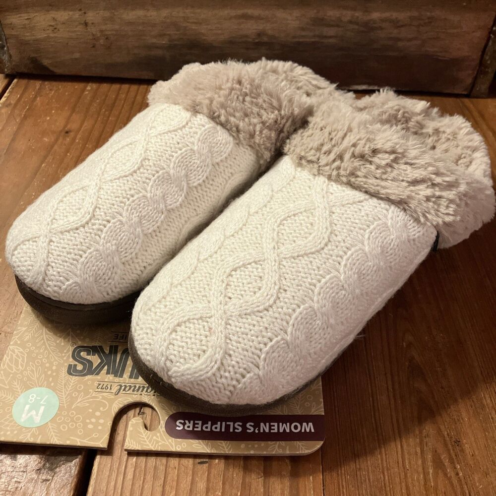 Muk Luks Fur Lined Ivory White Slippers Sz M 7/8 Slip Resistant Cable Knit